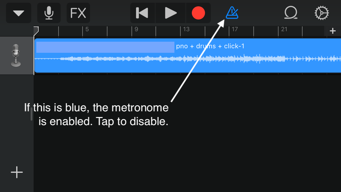 GarageBand track view. If the metronome icon is blue, the metronome is enabled. Tap to disable.